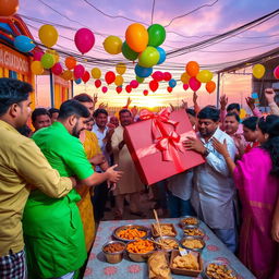 A vibrant and festive party scene where people are celebrating a traditional Sanda clash, with colorful decorations, balloons, and a large gift being presented as the highlight