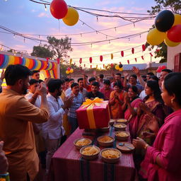 A vibrant and festive party scene where people are celebrating a traditional Sanda clash, with colorful decorations, balloons, and a large gift being presented as the highlight