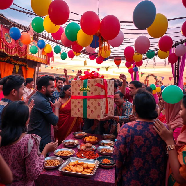 A vibrant and festive party scene where people are celebrating a traditional Sanda clash, with colorful decorations, balloons, and a large gift being presented as the highlight