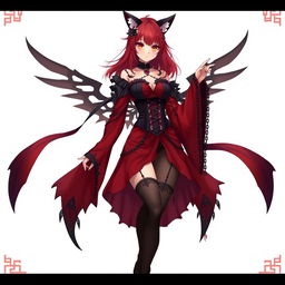 A captivating gothic anime girl, Kitsune, featuring shoulder-length red hair that beautifully frames her face