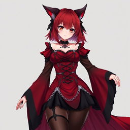 A captivating gothic anime girl, Kitsune, featuring shoulder-length red hair that beautifully frames her face