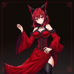 A captivating gothic anime girl, Kitsune, featuring shoulder-length red hair that beautifully frames her face
