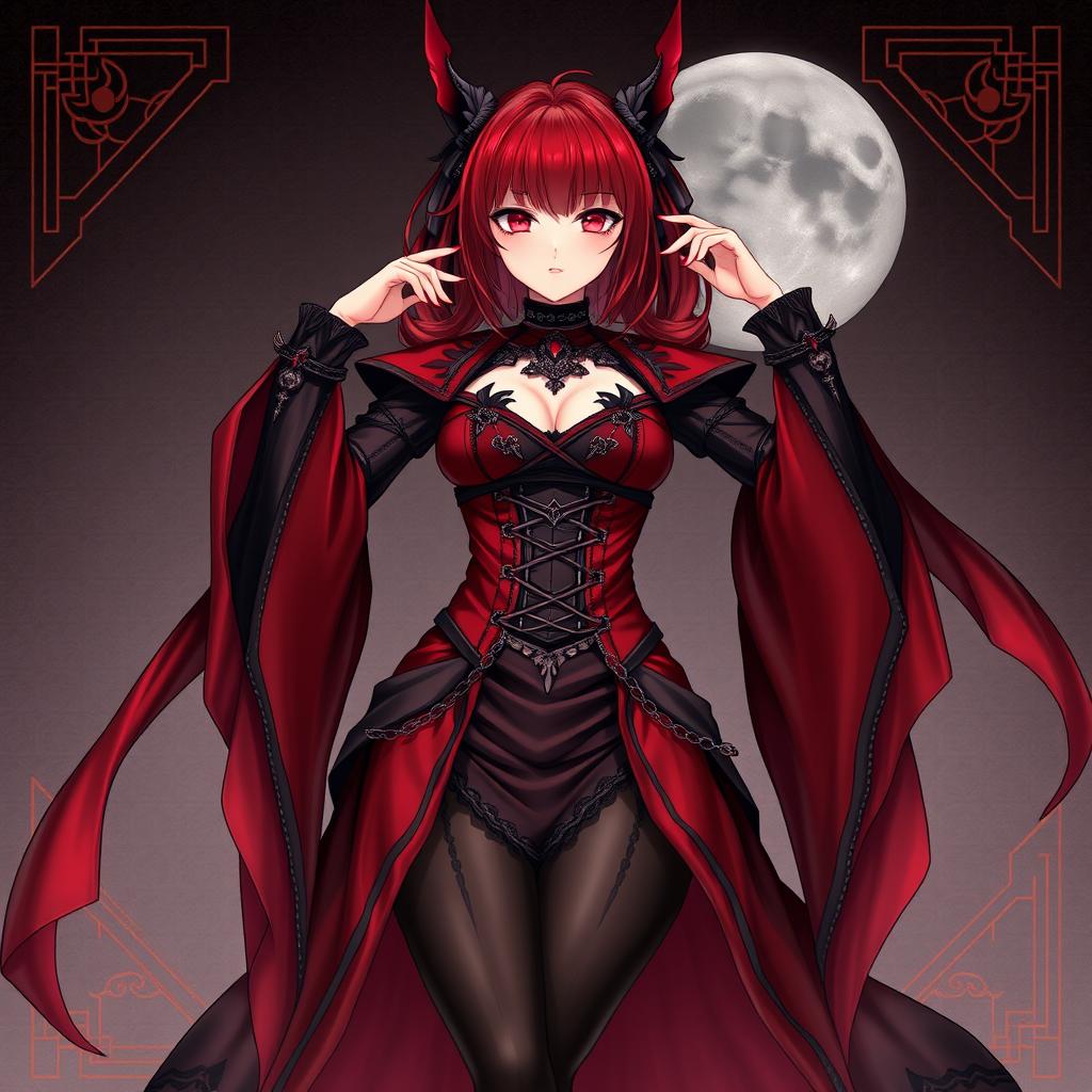 A captivating gothic anime girl, Kitsune, featuring shoulder-length red hair that beautifully frames her face