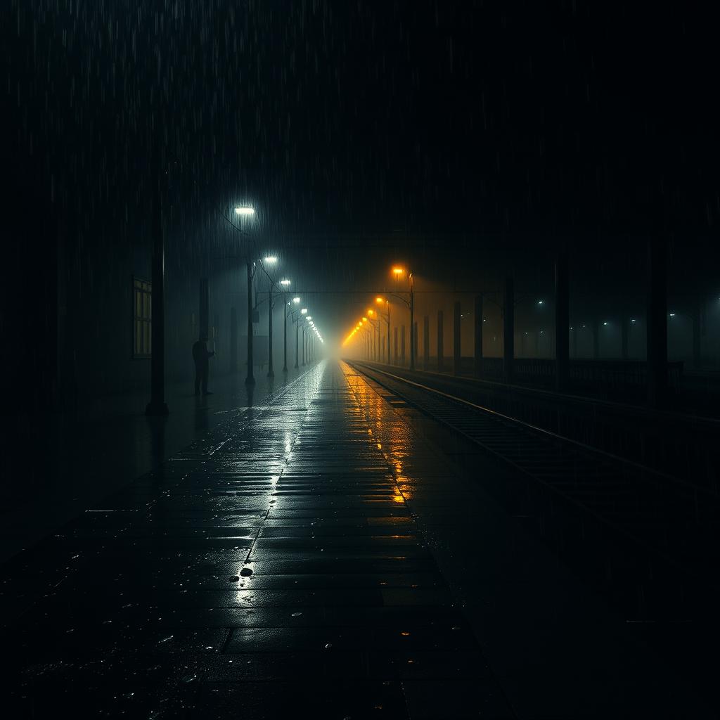 A dark, eerie railway station during a rainy night, showcasing a wet platform covered in glistening raindrops reflecting the dim lighting