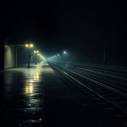 A dark, eerie railway station during a rainy night, showcasing a wet platform covered in glistening raindrops reflecting the dim lighting
