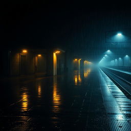 A dark, eerie railway station during a rainy night, showcasing a wet platform covered in glistening raindrops reflecting the dim lighting