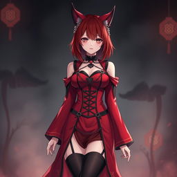 A mesmerizing gothic anime girl, Kitsune, with shoulder-length red hair that frames her face beautifully