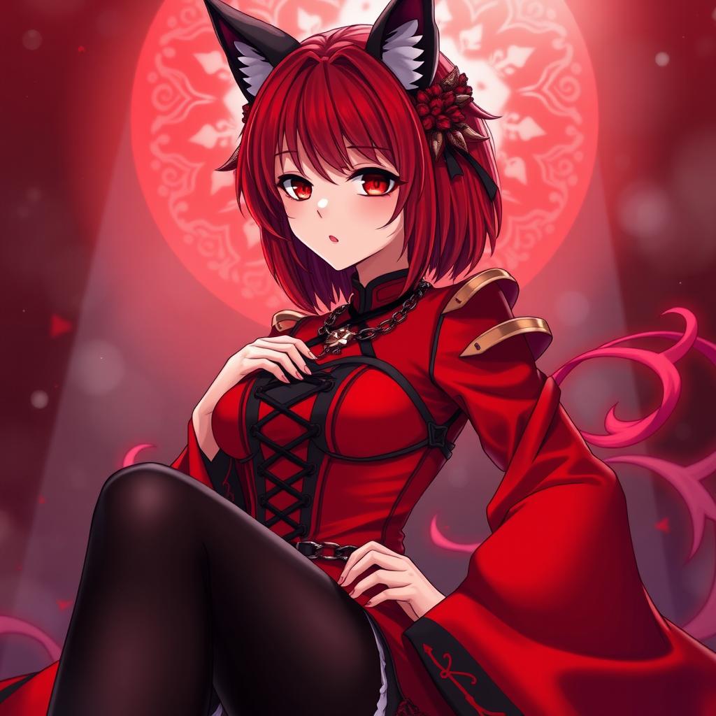 A mesmerizing gothic anime girl, Kitsune, with shoulder-length red hair that frames her face beautifully