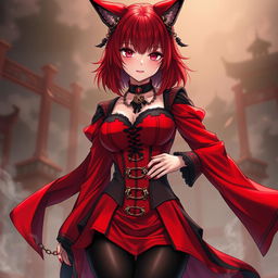 A mesmerizing gothic anime girl, Kitsune, with shoulder-length red hair that frames her face beautifully