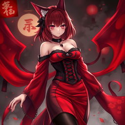 A mesmerizing gothic anime girl, Kitsune, with shoulder-length red hair that frames her face beautifully