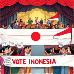 An illustration depicting the impact of political money on voter participation in Indonesia, prominently featuring the Indonesian flag