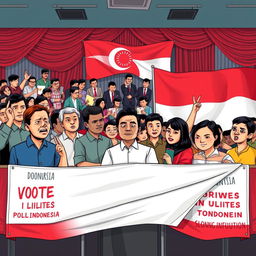 An illustration depicting the impact of political money on voter participation in Indonesia, prominently featuring the Indonesian flag