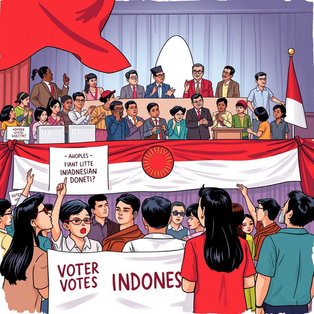 An illustration depicting the impact of political money on voter participation in Indonesia, prominently featuring the Indonesian flag