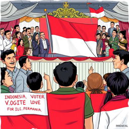 An illustration depicting the impact of political money on voter participation in Indonesia, prominently featuring the Indonesian flag