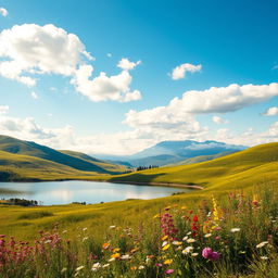 A vibrant landscape background featuring rolling green hills under a bright blue sky scattered with fluffy white clouds