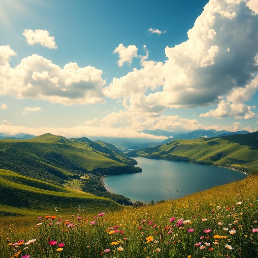 A vibrant landscape background featuring rolling green hills under a bright blue sky scattered with fluffy white clouds