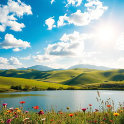 A vibrant landscape background featuring rolling green hills under a bright blue sky scattered with fluffy white clouds