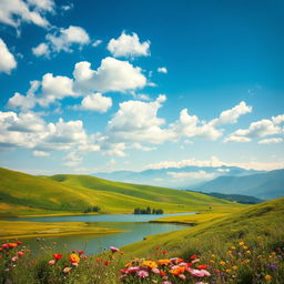 A vibrant landscape background featuring rolling green hills under a bright blue sky scattered with fluffy white clouds
