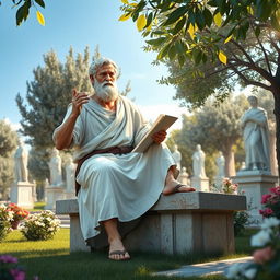 A thoughtful depiction of Aristotle, the ancient Greek philosopher, seated on a stone bench in a lush garden filled with classical sculptures