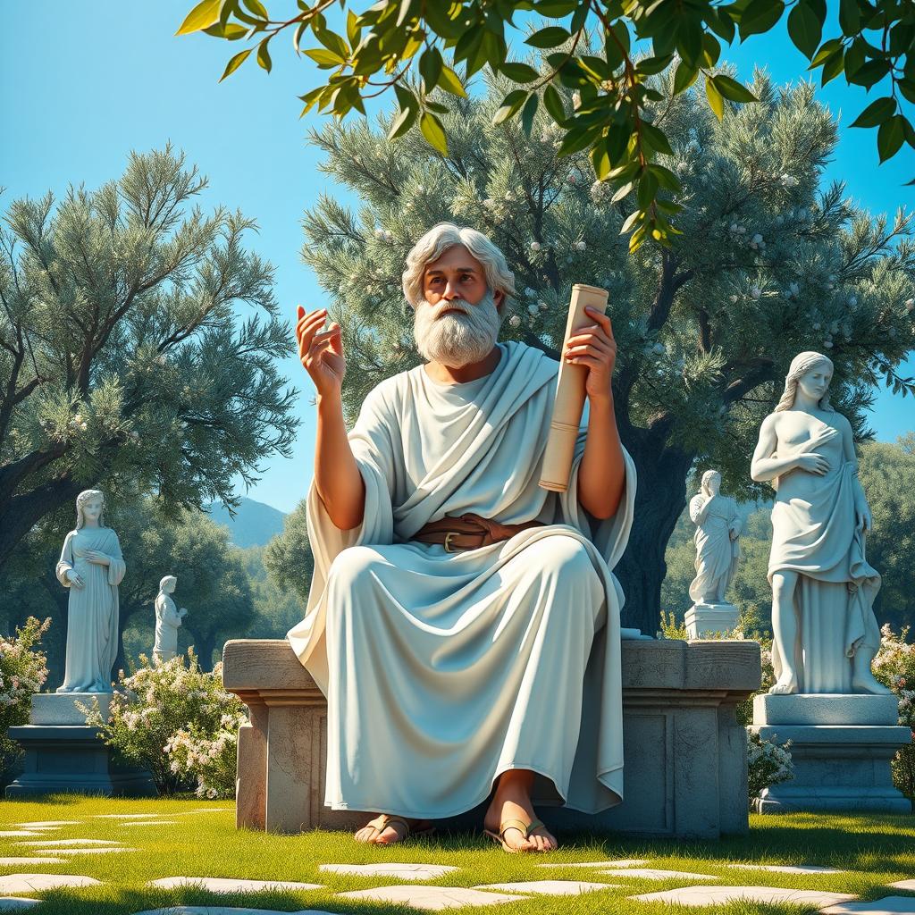 A thoughtful depiction of Aristotle, the ancient Greek philosopher, seated on a stone bench in a lush garden filled with classical sculptures