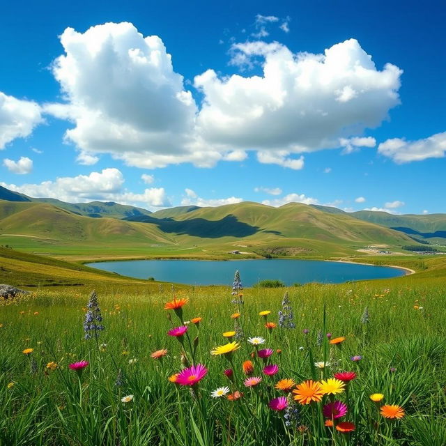 A vibrant landscape with rolling hills, a clear blue sky filled with fluffy white clouds, and a serene lake reflecting the scenery