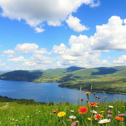 A vibrant landscape with rolling hills, a clear blue sky filled with fluffy white clouds, and a serene lake reflecting the scenery