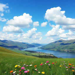 A vibrant landscape with rolling hills, a clear blue sky filled with fluffy white clouds, and a serene lake reflecting the scenery