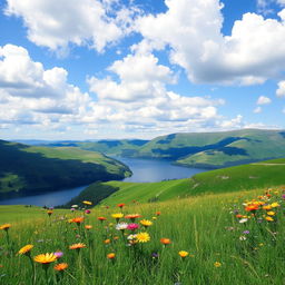 A vibrant landscape with rolling hills, a clear blue sky filled with fluffy white clouds, and a serene lake reflecting the scenery