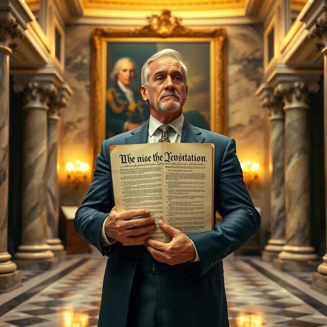 A powerful, dignified man holding a book of the constitution in his hand, standing in a grand, marble-columned hall with soft, warm lighting