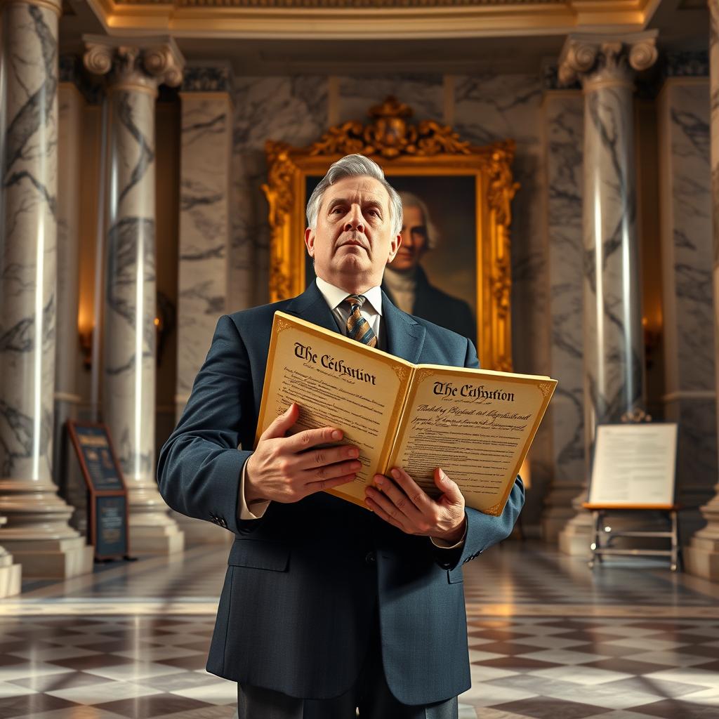 A powerful, dignified man holding a book of the constitution in his hand, standing in a grand, marble-columned hall with soft, warm lighting