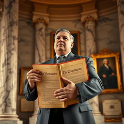 A powerful, dignified man holding a book of the constitution in his hand, standing in a grand, marble-columned hall with soft, warm lighting