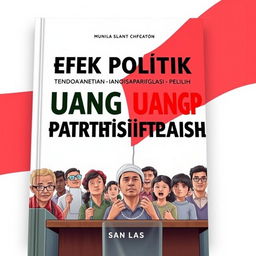 A book cover design for the title 'Efek Politik Uang Terhadap Partisipasi Pemilih' featuring the Indonesian flag prominently in the background