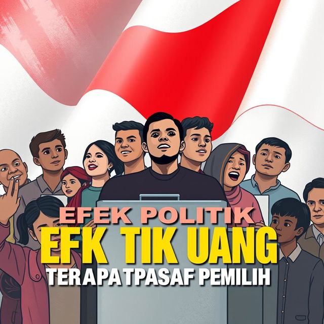 A book cover design for the title 'Efek Politik Uang Terhadap Partisipasi Pemilih' featuring the Indonesian flag prominently in the background