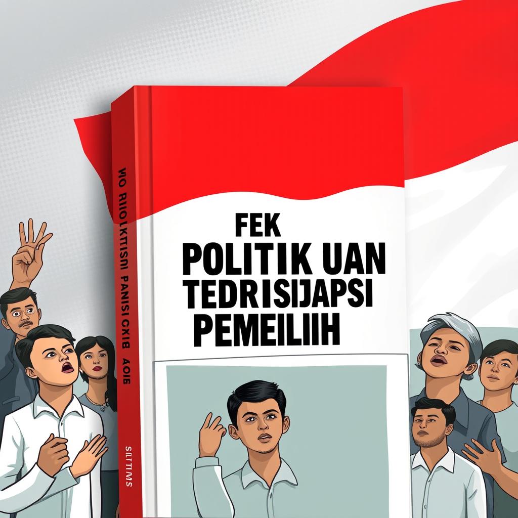 A book cover design for the title 'Efek Politik Uang Terhadap Partisipasi Pemilih' featuring the Indonesian flag prominently in the background