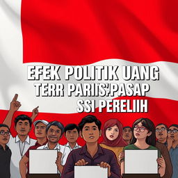 A book cover design for the title 'Efek Politik Uang Terhadap Partisipasi Pemilih' featuring the Indonesian flag prominently in the background