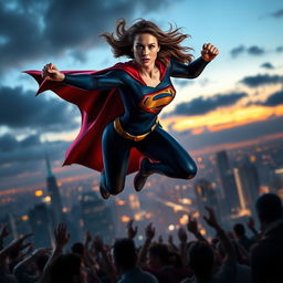 A heroic female figure, dressed in a sleek, modern superhero costume themed in dark blues and reds, with a cape flowing behind her