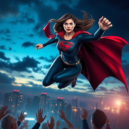 A heroic female figure, dressed in a sleek, modern superhero costume themed in dark blues and reds, with a cape flowing behind her