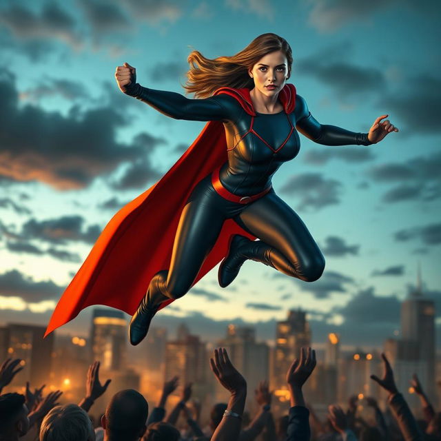 A heroic female figure, dressed in a sleek, modern superhero costume themed in dark blues and reds, with a cape flowing behind her