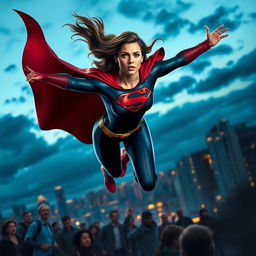 A heroic female figure, dressed in a sleek, modern superhero costume themed in dark blues and reds, with a cape flowing behind her