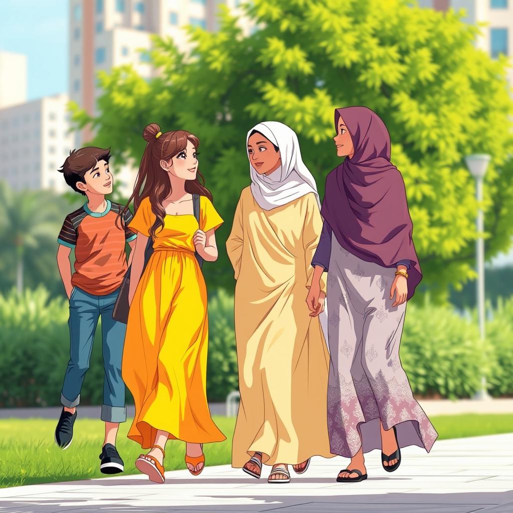 A vibrant scene depicting two girls walking together on a sunny day in an urban environment