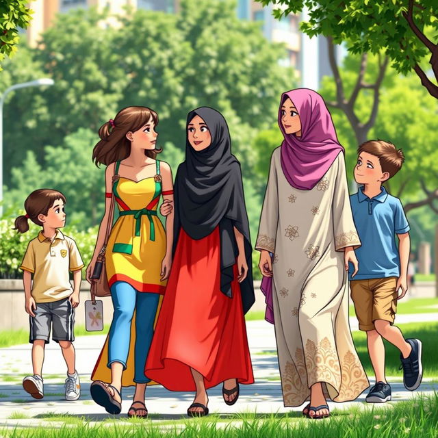 A vibrant scene depicting two girls walking together on a sunny day in an urban environment