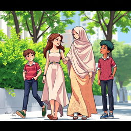 A vibrant scene depicting two girls walking together on a sunny day in an urban environment