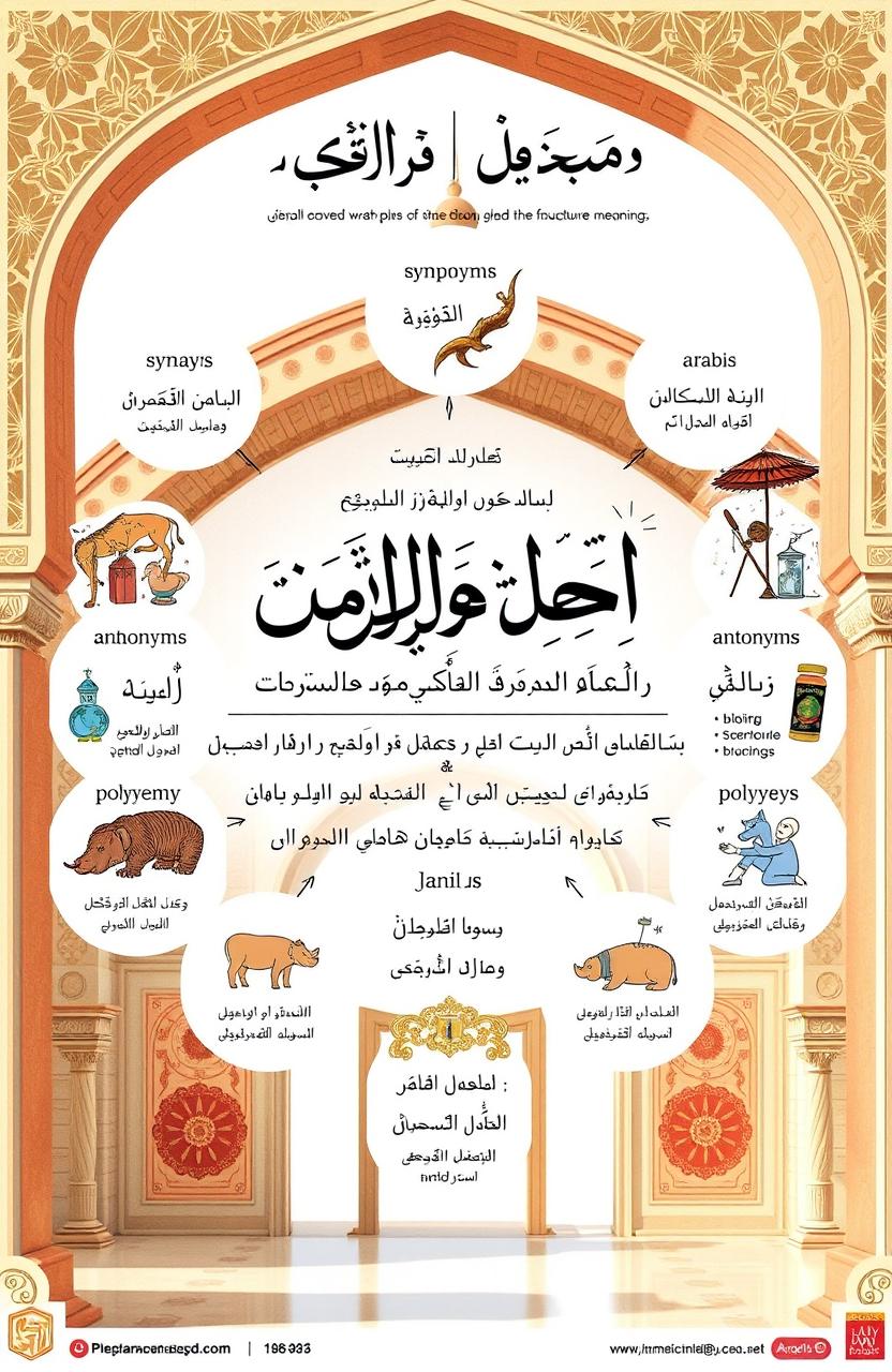 A comprehensive and visually appealing representation of the relationships between meanings in the Arabic language, showcasing various linguistic concepts such as synonyms, antonyms, homonyms, hyponyms, polysemy, and figurative meanings