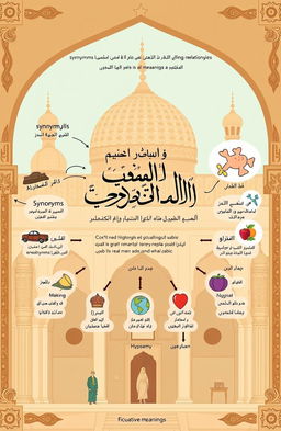 A comprehensive and visually appealing representation of the relationships between meanings in the Arabic language, showcasing various linguistic concepts such as synonyms, antonyms, homonyms, hyponyms, polysemy, and figurative meanings