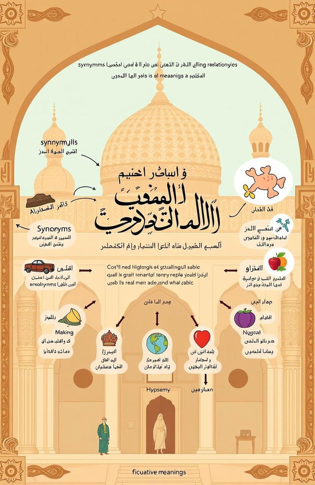 A comprehensive and visually appealing representation of the relationships between meanings in the Arabic language, showcasing various linguistic concepts such as synonyms, antonyms, homonyms, hyponyms, polysemy, and figurative meanings