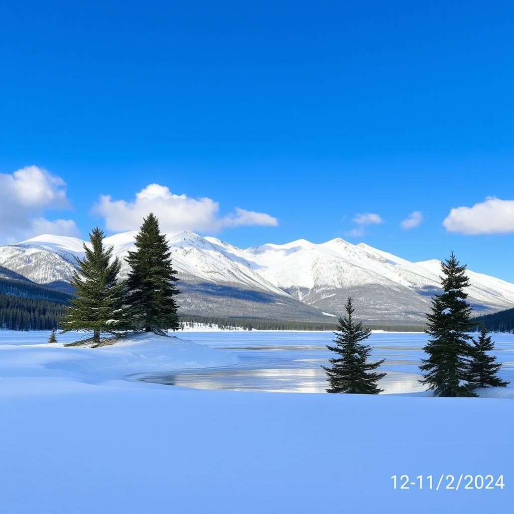 A scenic winter landscape featuring a snow-covered mountain range under a bright blue sky