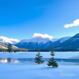A scenic winter landscape featuring a snow-covered mountain range under a bright blue sky