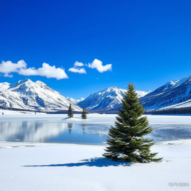 A scenic winter landscape featuring a snow-covered mountain range under a bright blue sky