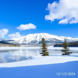 A scenic winter landscape featuring a snow-covered mountain range under a bright blue sky