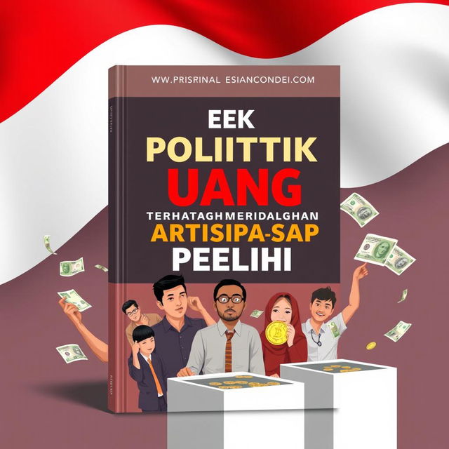 A book cover design for 'Efek Politik Uang Terhadap Partisipasi Pemilih' creatively integrating the Indonesian flag and the symbol of the Indonesian Rupiah